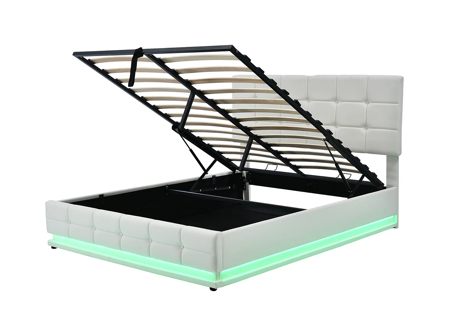 140x200 opbergbed met ledverlichting, gestoffeerd bed met lattenbodem, tweepersoonsbed, wit