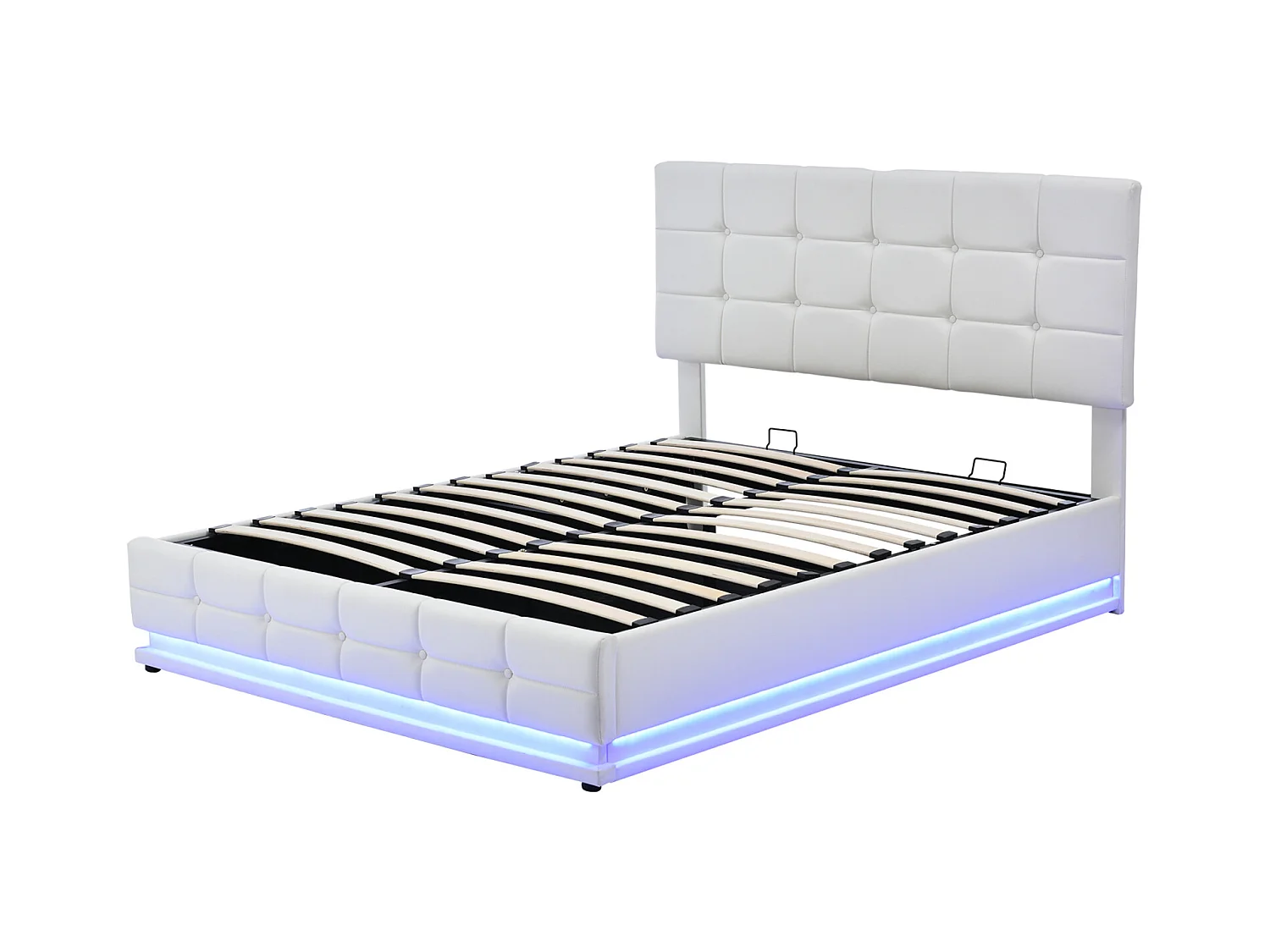 140x200 opbergbed met ledverlichting, gestoffeerd bed met lattenbodem, tweepersoonsbed, wit