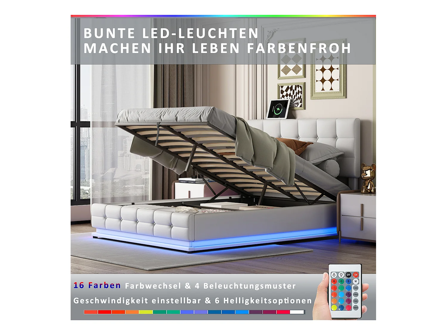 Lit Coffre 140x200 Avec Éclairage LED, Lit Capitonné Avec Sommier à Lattes, Lit Double, Blanc