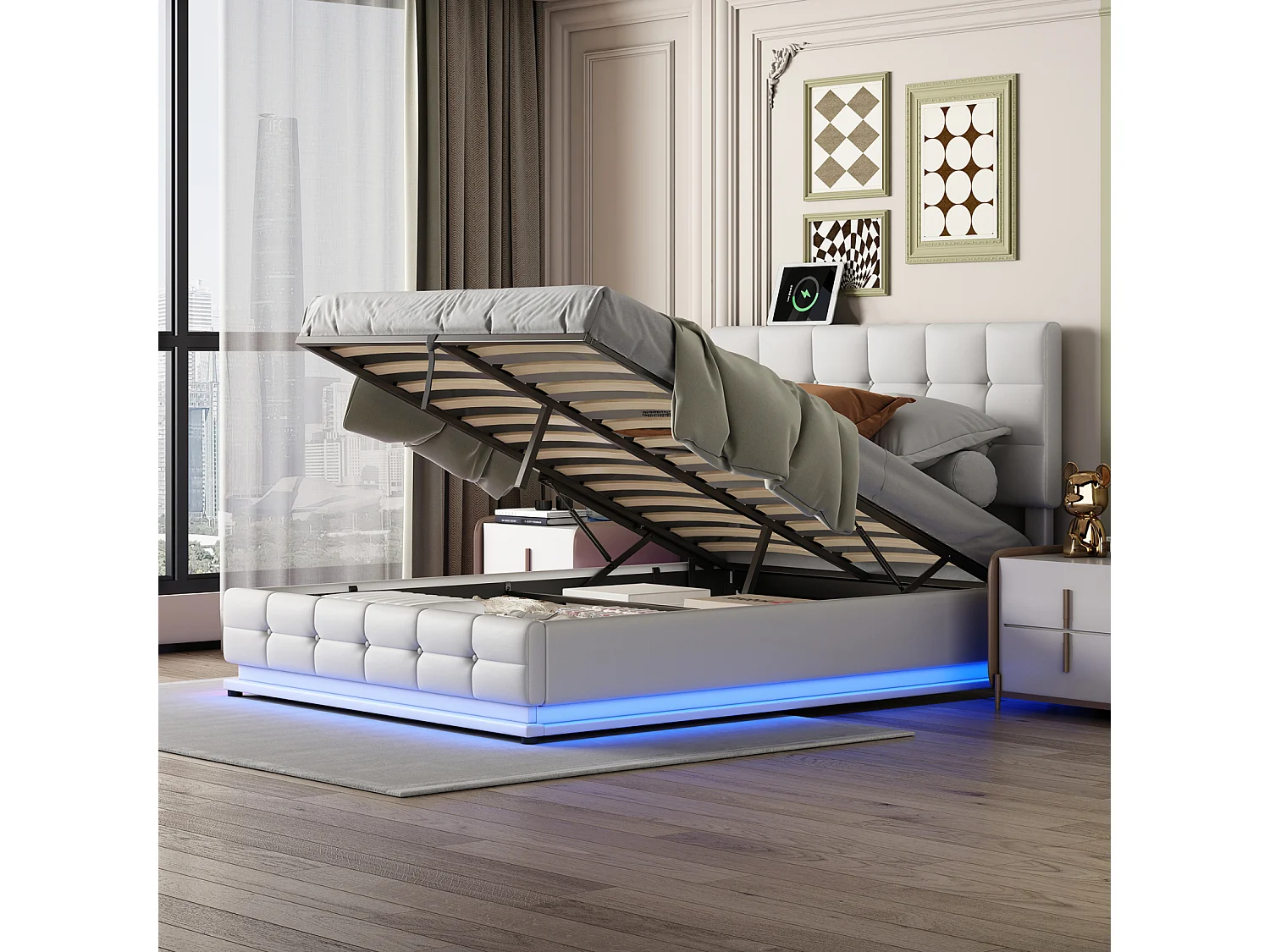 Lit Coffre 140x200 Avec Éclairage LED, Lit Capitonné Avec Sommier à Lattes, Lit Double, Blanc