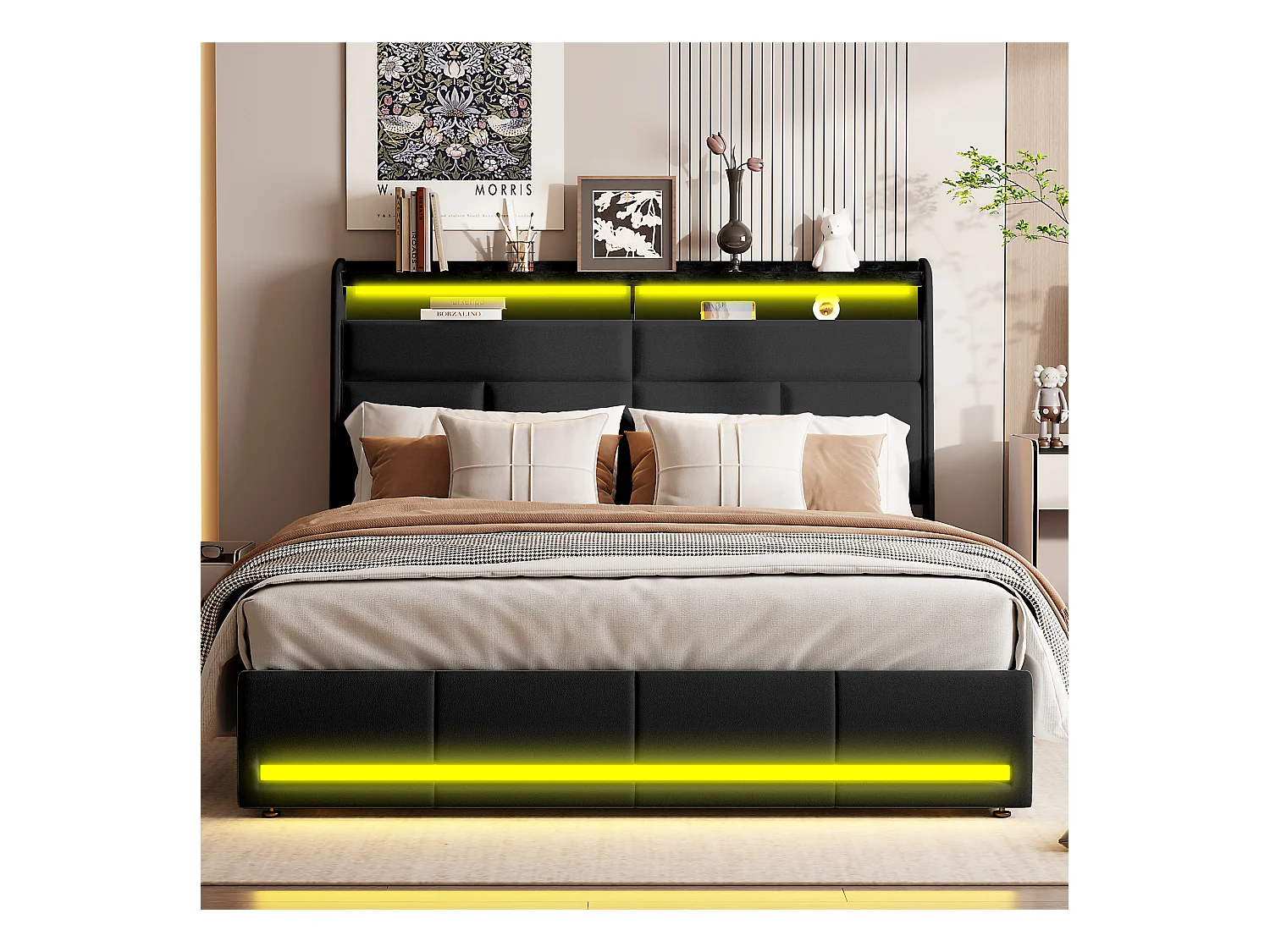 140x200 Stauraumbett mit Lattenrost und USB, LED, Bettgestell mit Stauraum und Kopfteil, Schwarz