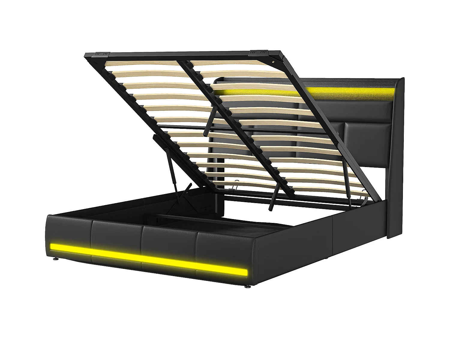 140x200 Stauraumbett mit Lattenrost und USB, LED, Bettgestell mit Stauraum und Kopfteil, Schwarz