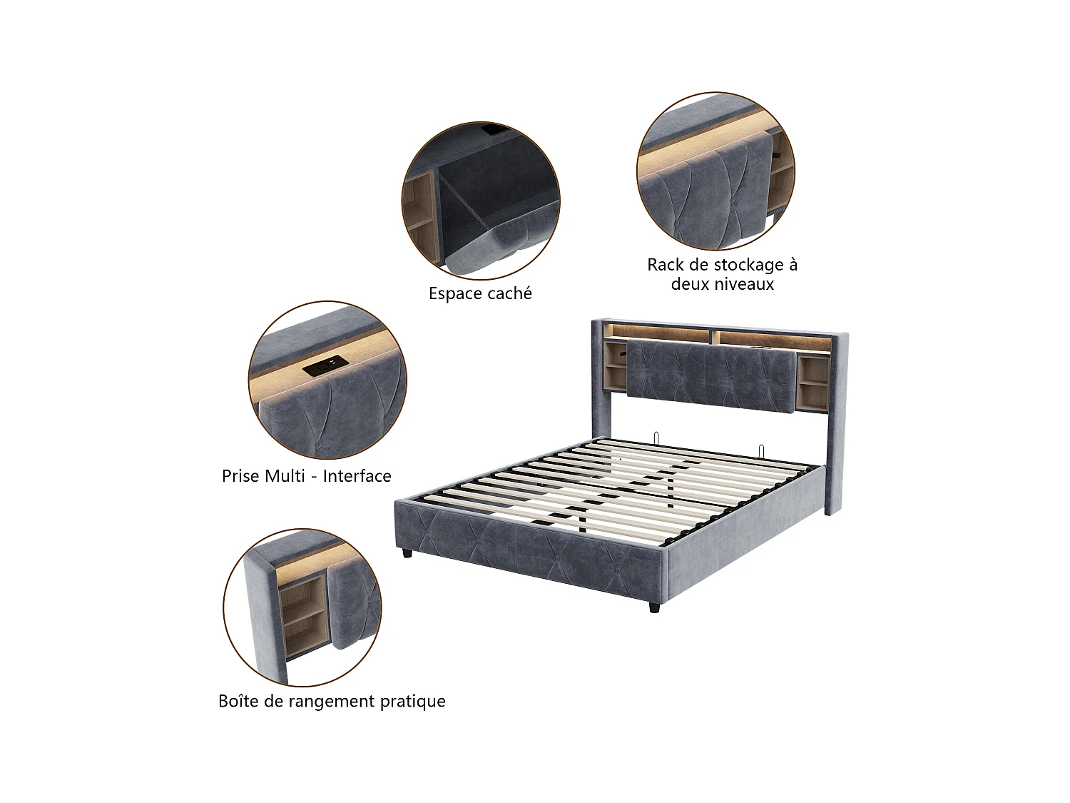 Cama de casal com cabeceira de veludo, cama de casal com armazenamento, 140x200 cm, com USB e armazenamento