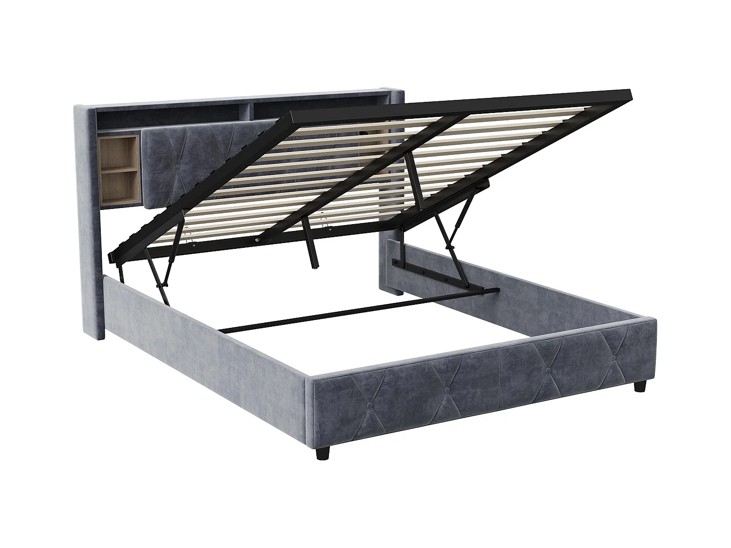 Cama de casal com cabeceira de veludo, cama de casal com armazenamento, 140x200 cm, com USB e armazenamento