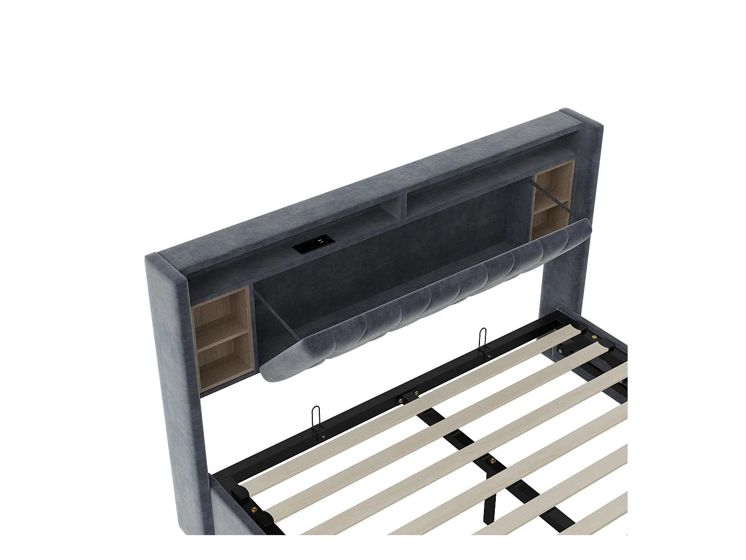 Cama de casal com cabeceira de veludo, cama de casal com armazenamento, 140x200 cm, com USB e armazenamento