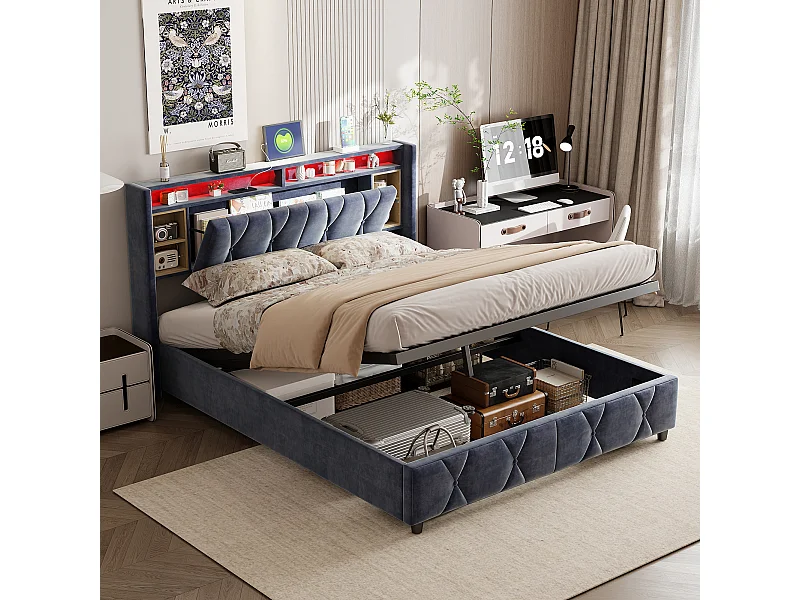 Lit Coffre 140x200 Cm Avec USB Et Rangement, Lit Double Avec Tête De Lit Rangement, Velours