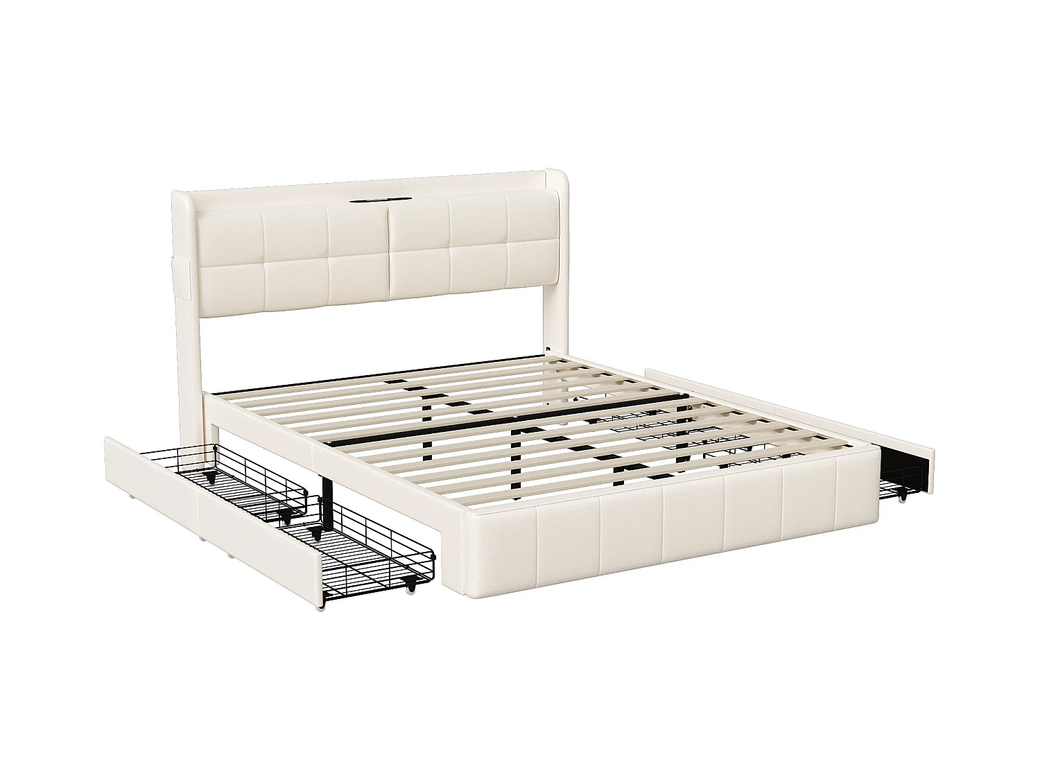 Cama de 160 x 200 cm con 4 cajones, USB y tipo C, cama doble con somier de láminas, poliuretano.