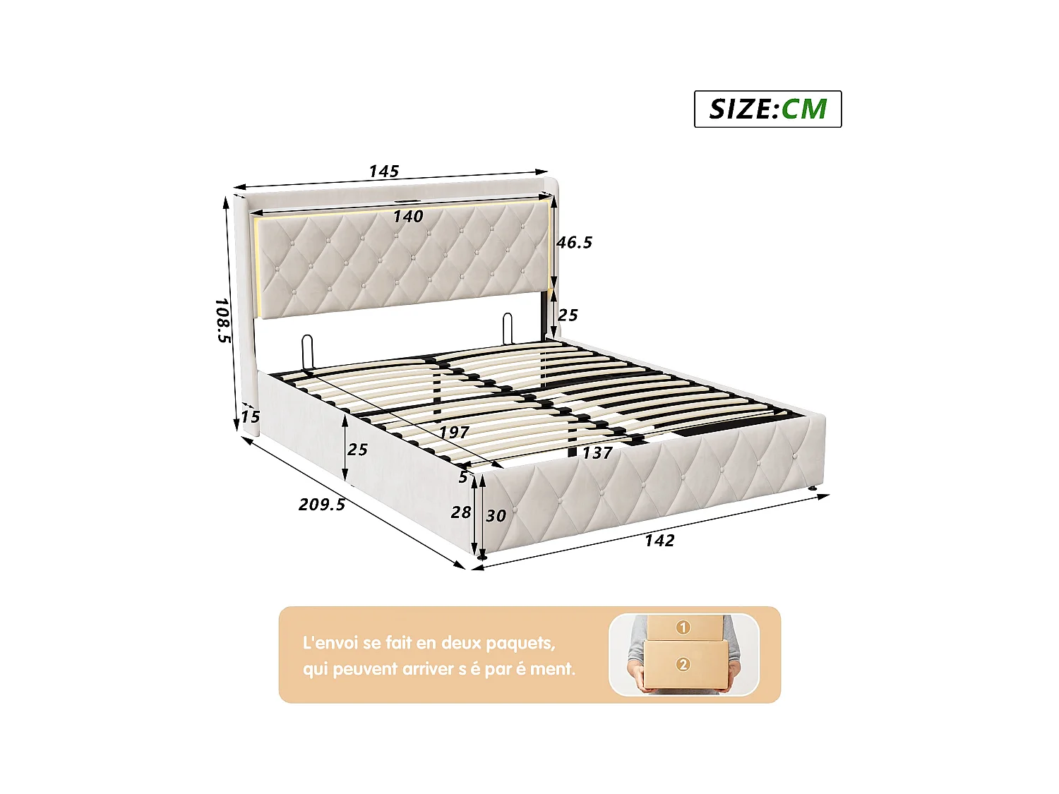 Lit Coffre 140x200 Avec USB Et Type C, Lit Capitonné Avec Sommier à Lattes, Lit Double, Beige