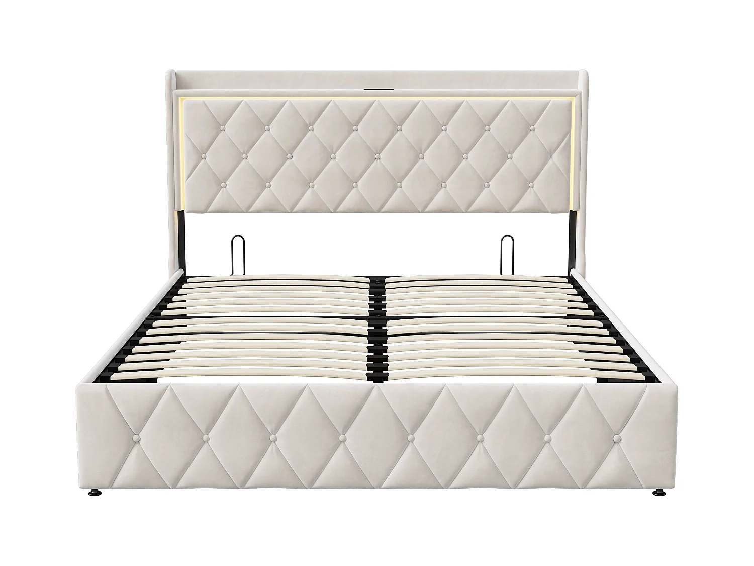 Lit Coffre 140x200 Avec USB Et Type C, Lit Capitonné Avec Sommier à Lattes, Lit Double, Beige