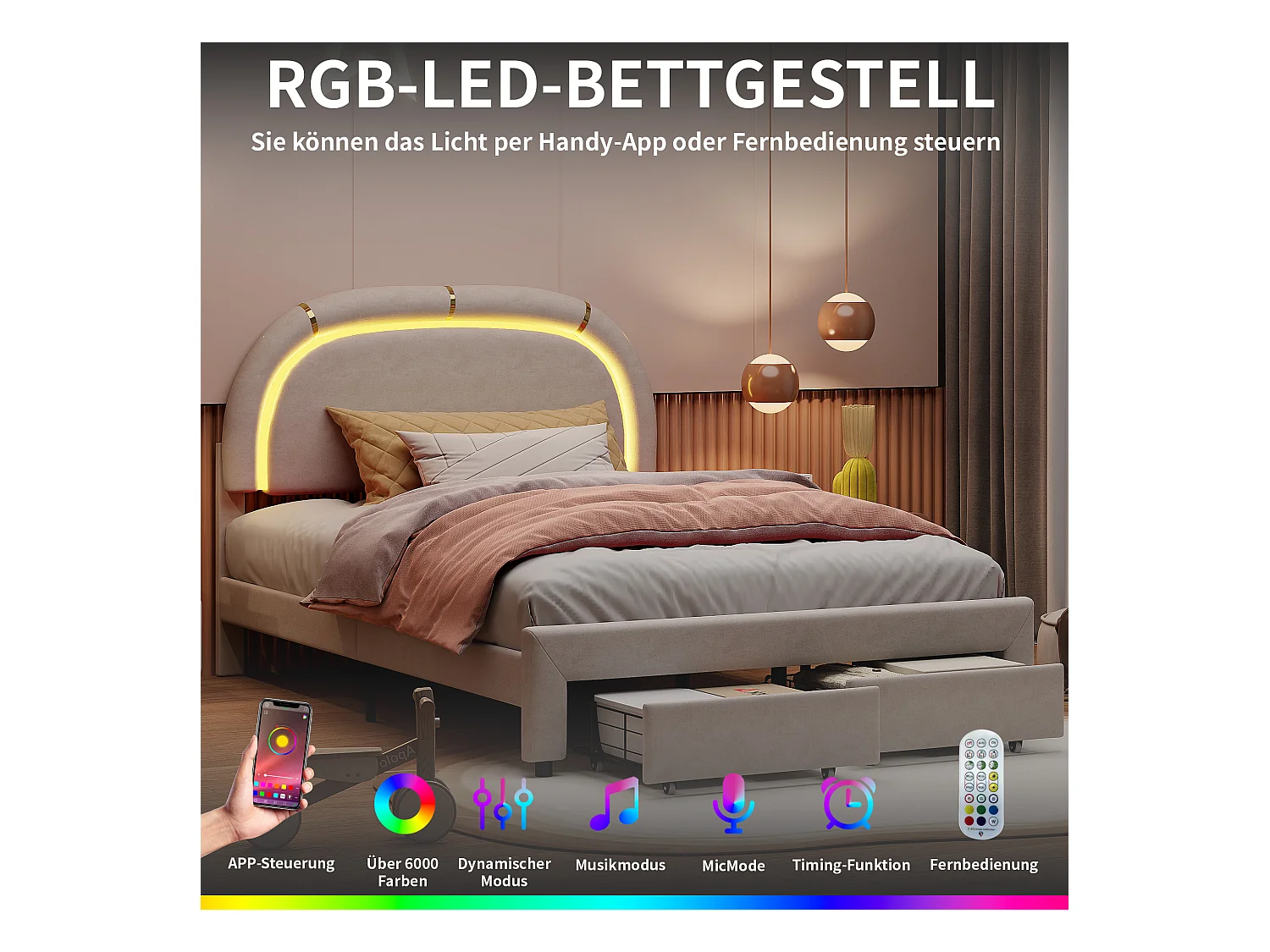 Lit Coffre 140x200 Avec LED Et 2 Tiroirs, Lit Capitonné Avec Sommier à Lattes, Lit Double, Beige