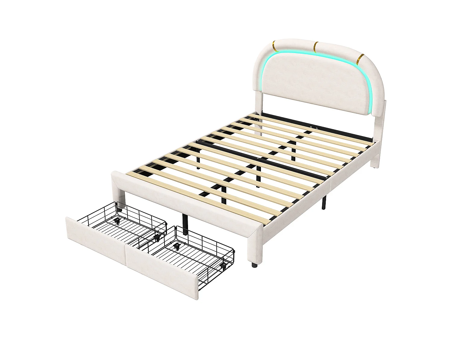 Lit Coffre 140x200 Avec LED Et 2 Tiroirs, Lit Capitonné Avec Sommier à Lattes, Lit Double, Beige