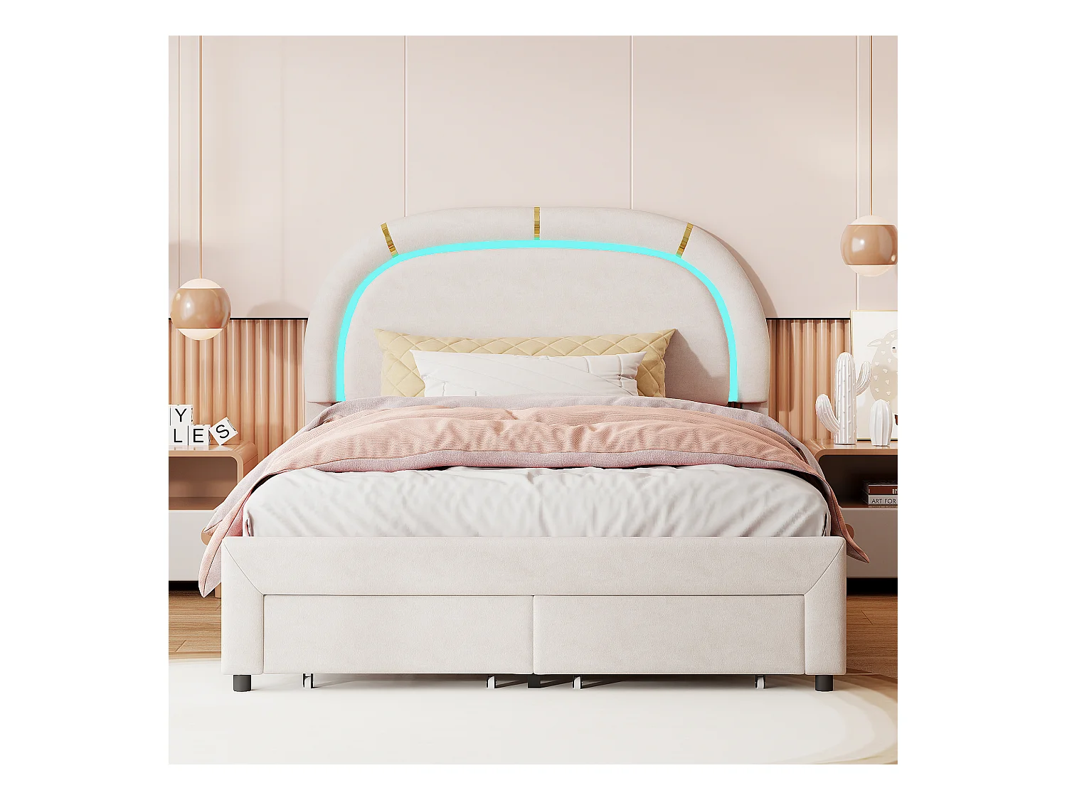 Lit Coffre 140x200 Avec LED Et 2 Tiroirs, Lit Capitonné Avec Sommier à Lattes, Lit Double, Beige