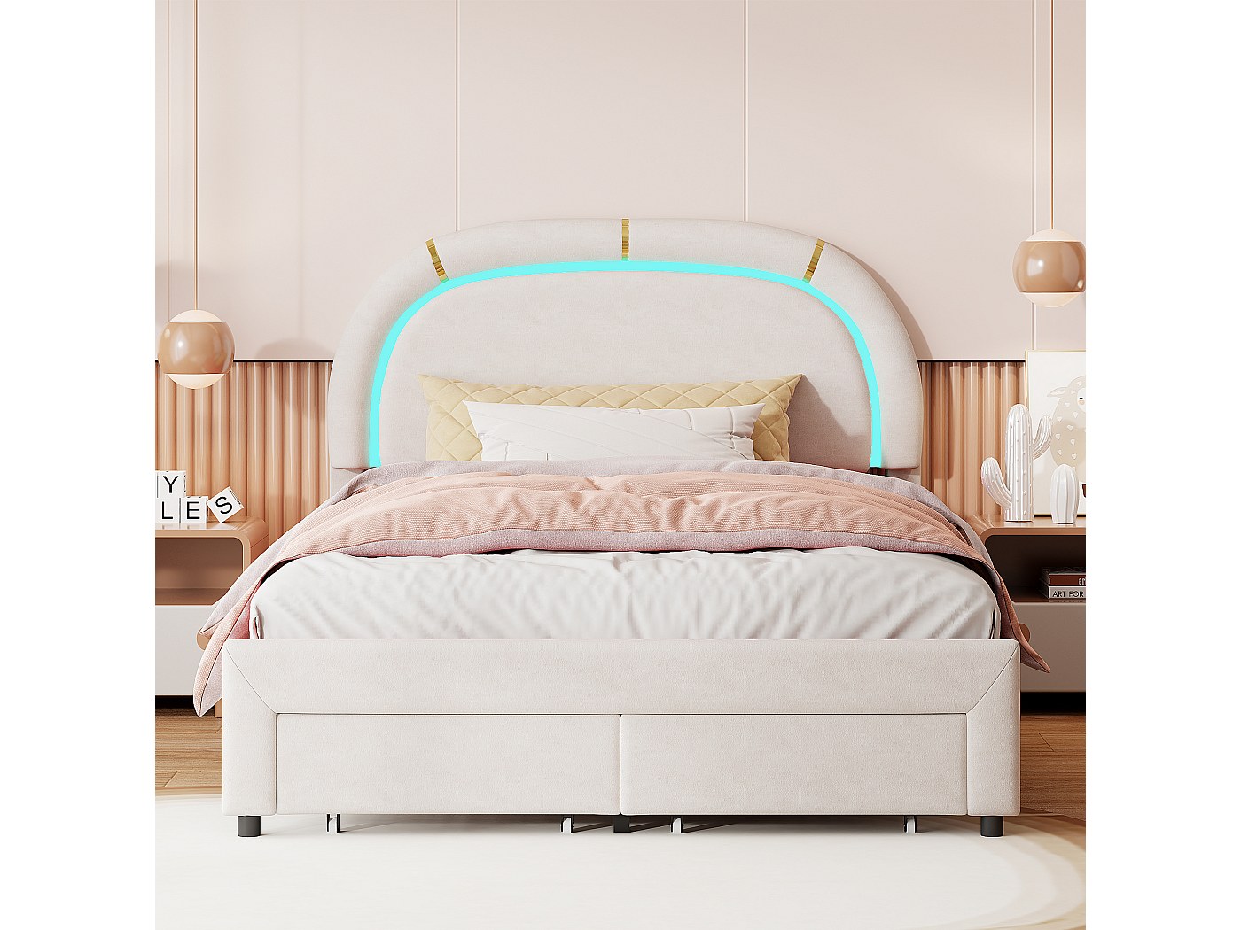 Lit Double 140x200 Cm Avec Rangement, LED Et Ports USB - Tête De Lit Rembourrée Velours Blanc - Sommier à Lattes Inclus