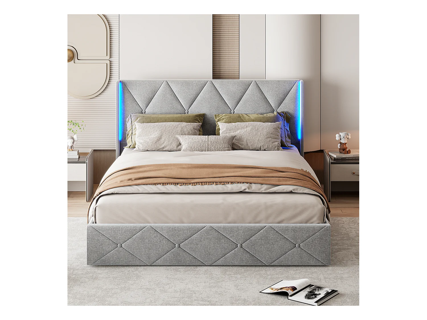Letto contenitore 140x200 con LED e testiera, letto imbottito con rete a doghe, letto matrimoniale, grigio