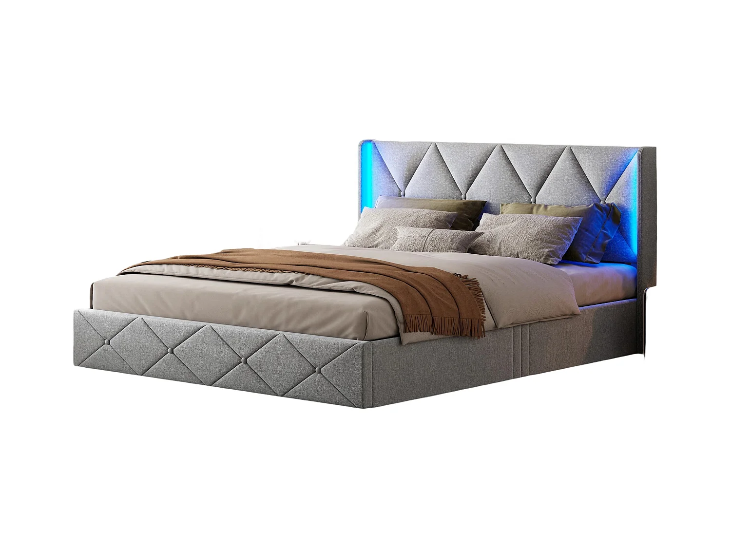 Letto contenitore 140x200 con LED e testiera, letto imbottito con rete a doghe, letto matrimoniale, grigio