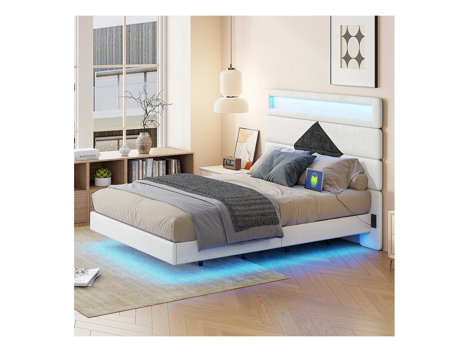 Polsterbett 140x190cm mit USB, Doppelbett mit LED, Stauraumbett mit Diamant-Kopfteil, Samt