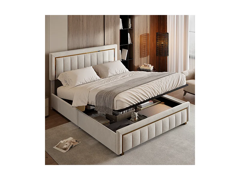 160x200 Stauraumbett mit Kopfteil, Polsterbett mit Lattenrost, Doppelbett, Beige