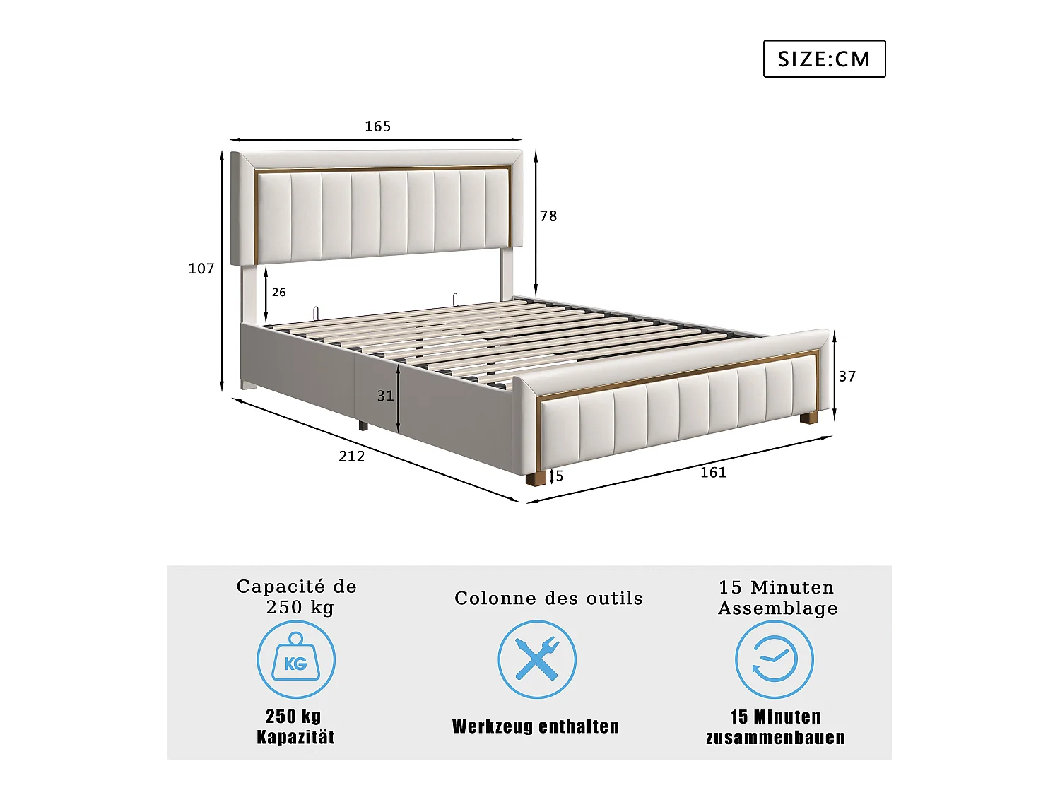 Lit Coffre 160x200 Avec Tête De Lit, Lit Capitonné Avec Sommier à Lattes, Lit Double, Beige