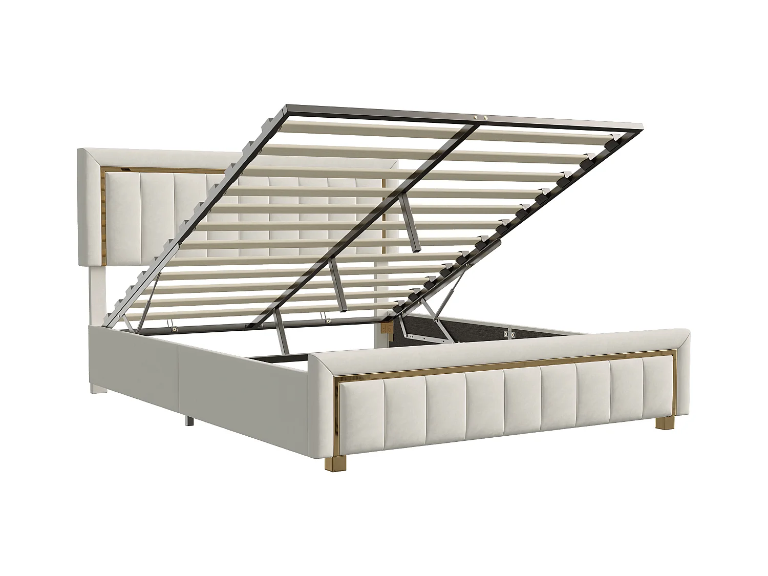 Lit Coffre 160x200 Avec Tête De Lit, Lit Capitonné Avec Sommier à Lattes, Lit Double, Beige