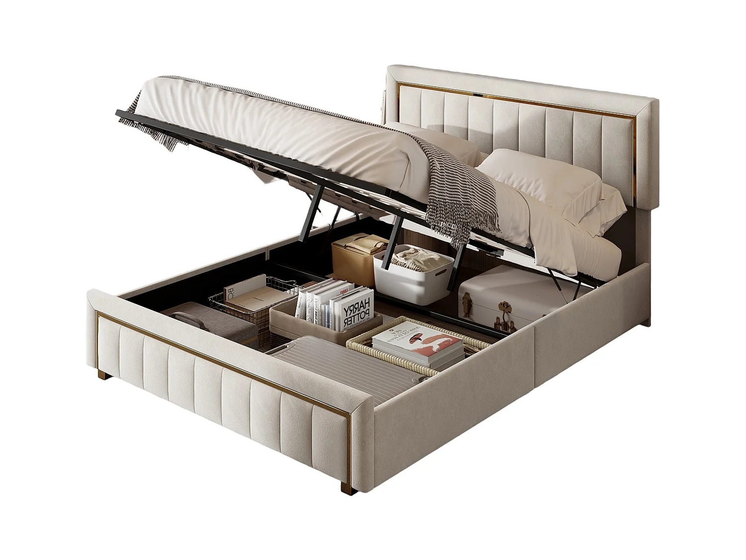 Lit Coffre 160x200 Avec Tête De Lit, Lit Capitonné Avec Sommier à Lattes, Lit Double, Beige