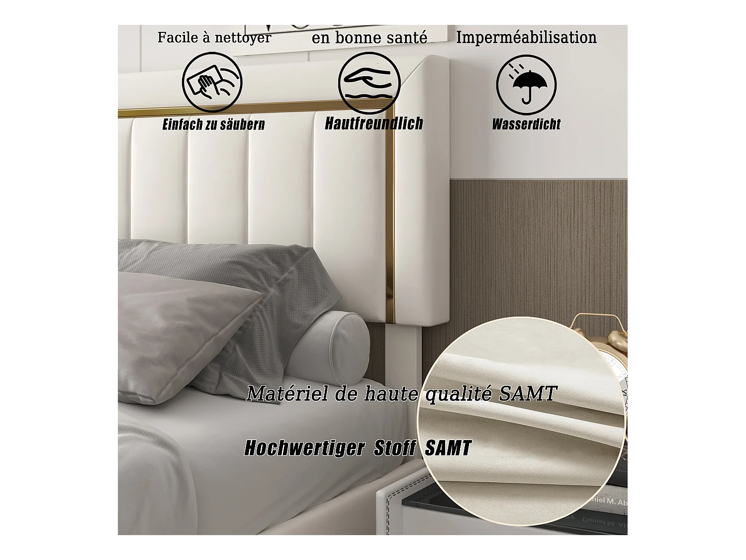 Letto contenitore 160x200 con testiera, letto imbottito con rete a doghe, letto matrimoniale, beige