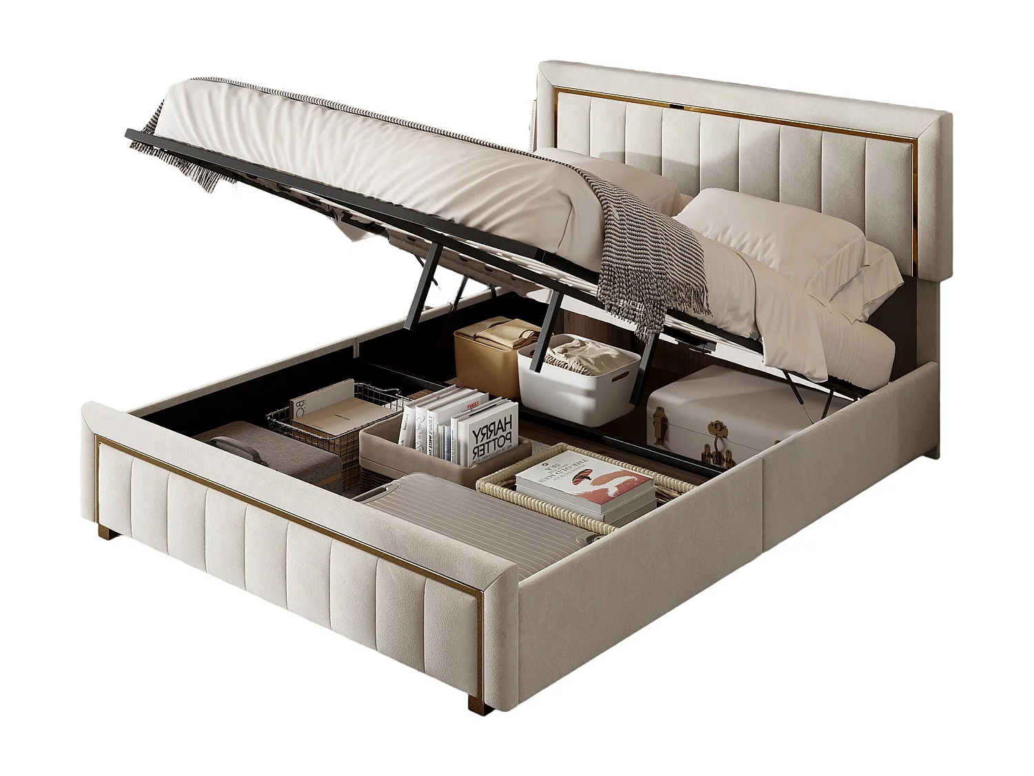 Cama de 160 x 200 cm con cabecero, tapizada y somier, color beige