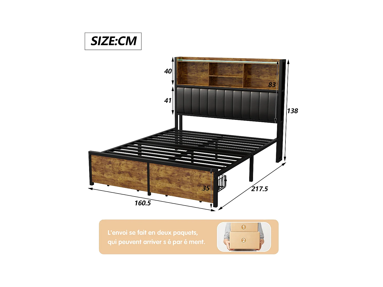 160x200 Opbergbed met LED en 2 lades, gestoffeerd bed met lattenbodem, tweepersoonsbed, metalen frame