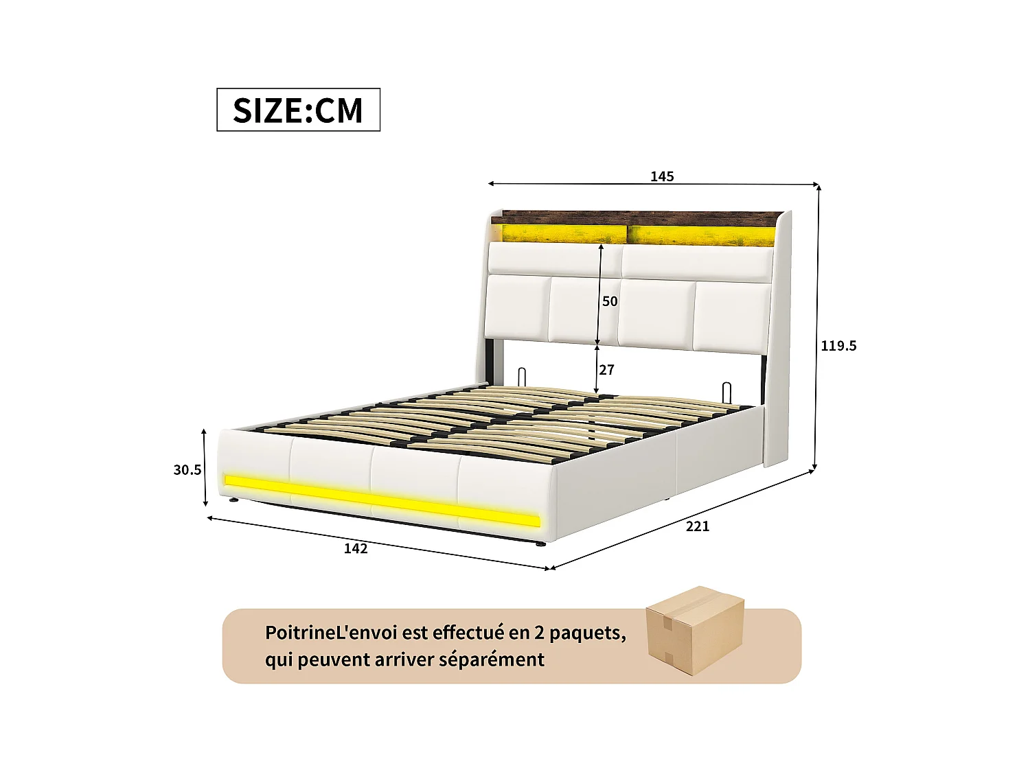 140x200 Stauraumbett mit USB und LED, Polsterbett mit Lattenrost, Doppelbett, Weiß