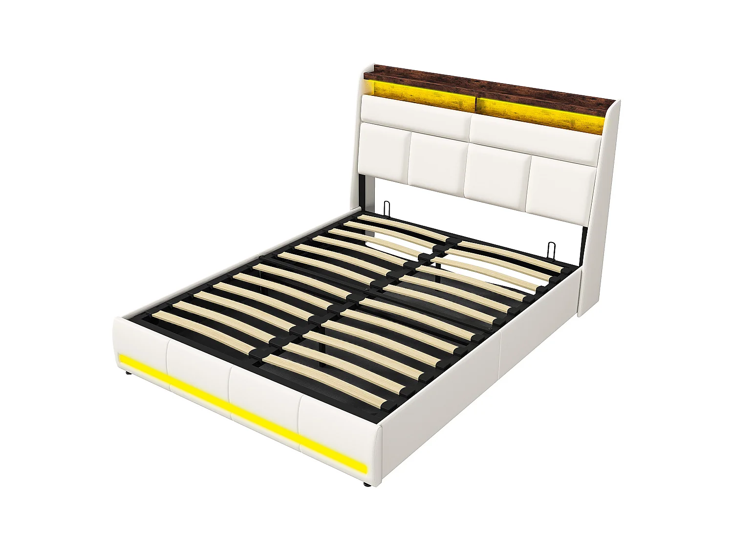 140x200 Stauraumbett mit USB und LED, Polsterbett mit Lattenrost, Doppelbett, Weiß