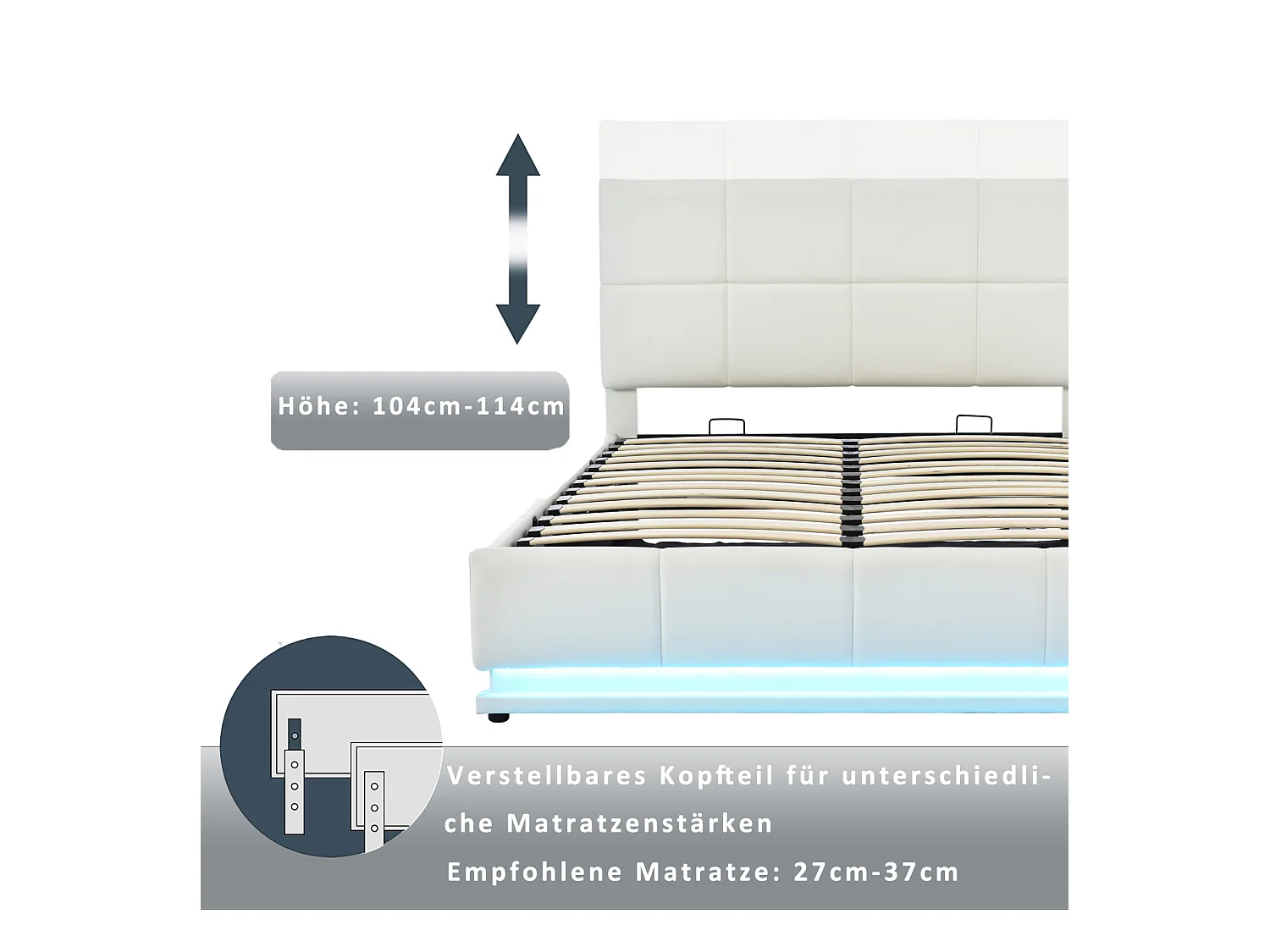 Bett 140x200 cm mit LED, verstellbarem Kopfteil, Lattenrost, Stauraum, gepolstertes PU, weiß