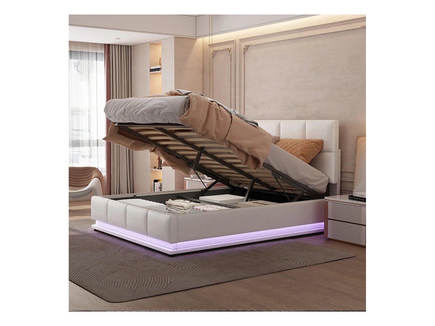 Lit 140x200 Cm Avec LED, Tête Relevable, Sommier Lattes, Rangement, Pu Capitonné, Blanc