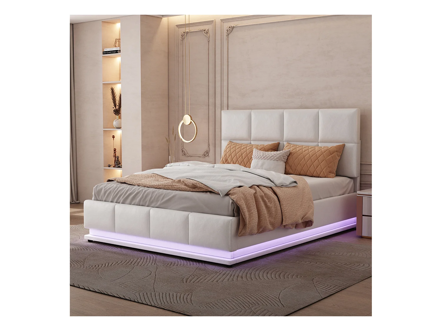 Bed 140x200 cm met LED, verstelbaar hoofdeinde, lattenbodem, opbergruimte, gewatteerd PU, wit