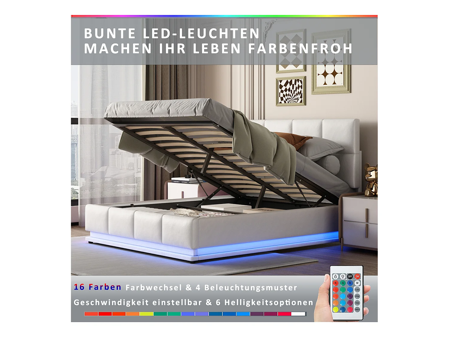 Bed 140x200 cm met LED, verstelbaar hoofdeinde, lattenbodem, opbergruimte, gewatteerd PU, wit