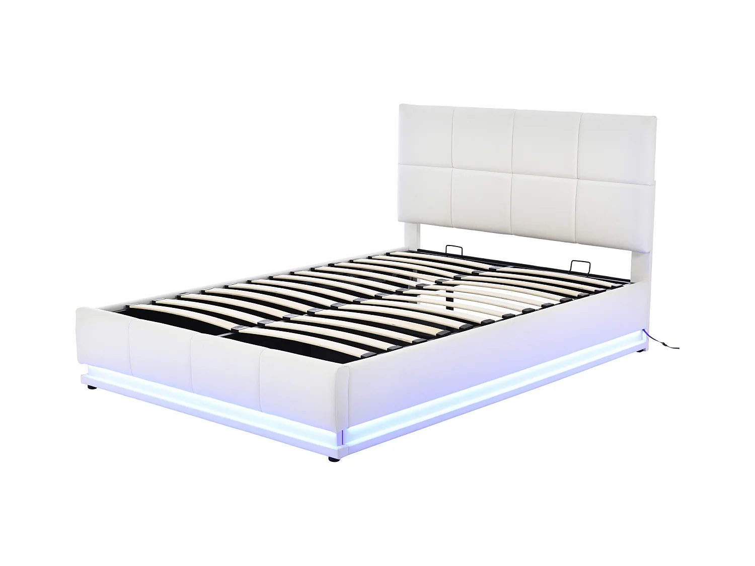 Bed 140x200 cm met LED, verstelbaar hoofdeinde, lattenbodem, opbergruimte, gewatteerd PU, wit