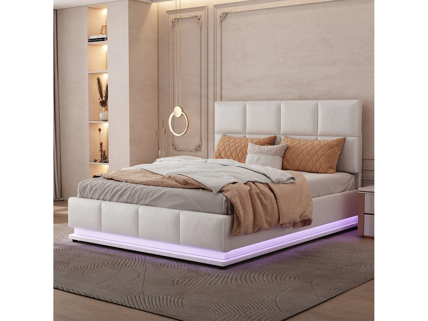 Lit 140x200 Cm Avec LED, Tête Relevable, Sommier Lattes, Rangement, Pu Capitonné, Blanc