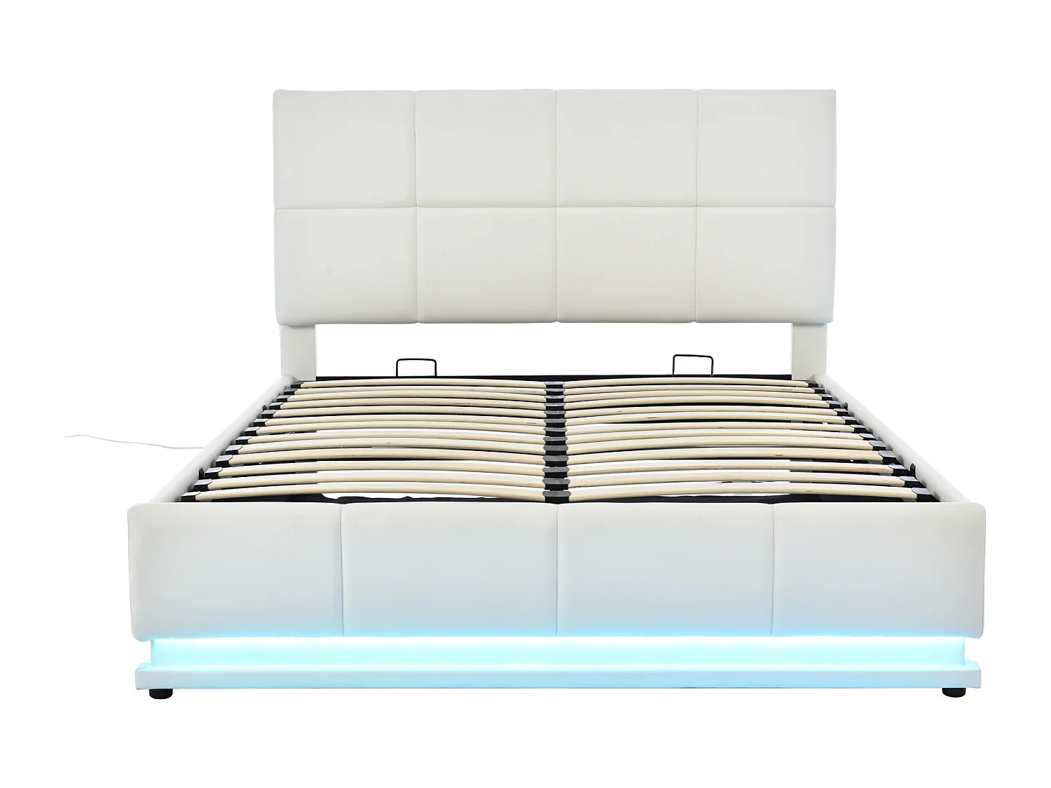 Lit 140x200 Cm Avec LED, Tête Relevable, Sommier Lattes, Rangement, Pu Capitonné, Blanc