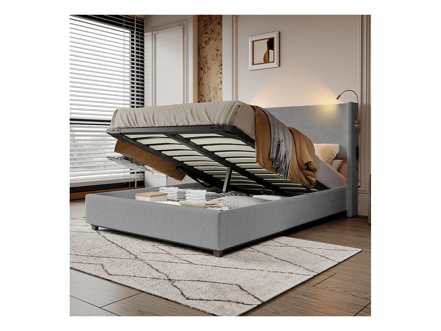Lit Coffre 140x200cm En Tissu De Velours - Avec Lampes De Lecture - Avec Sommier à Lattes - Gris