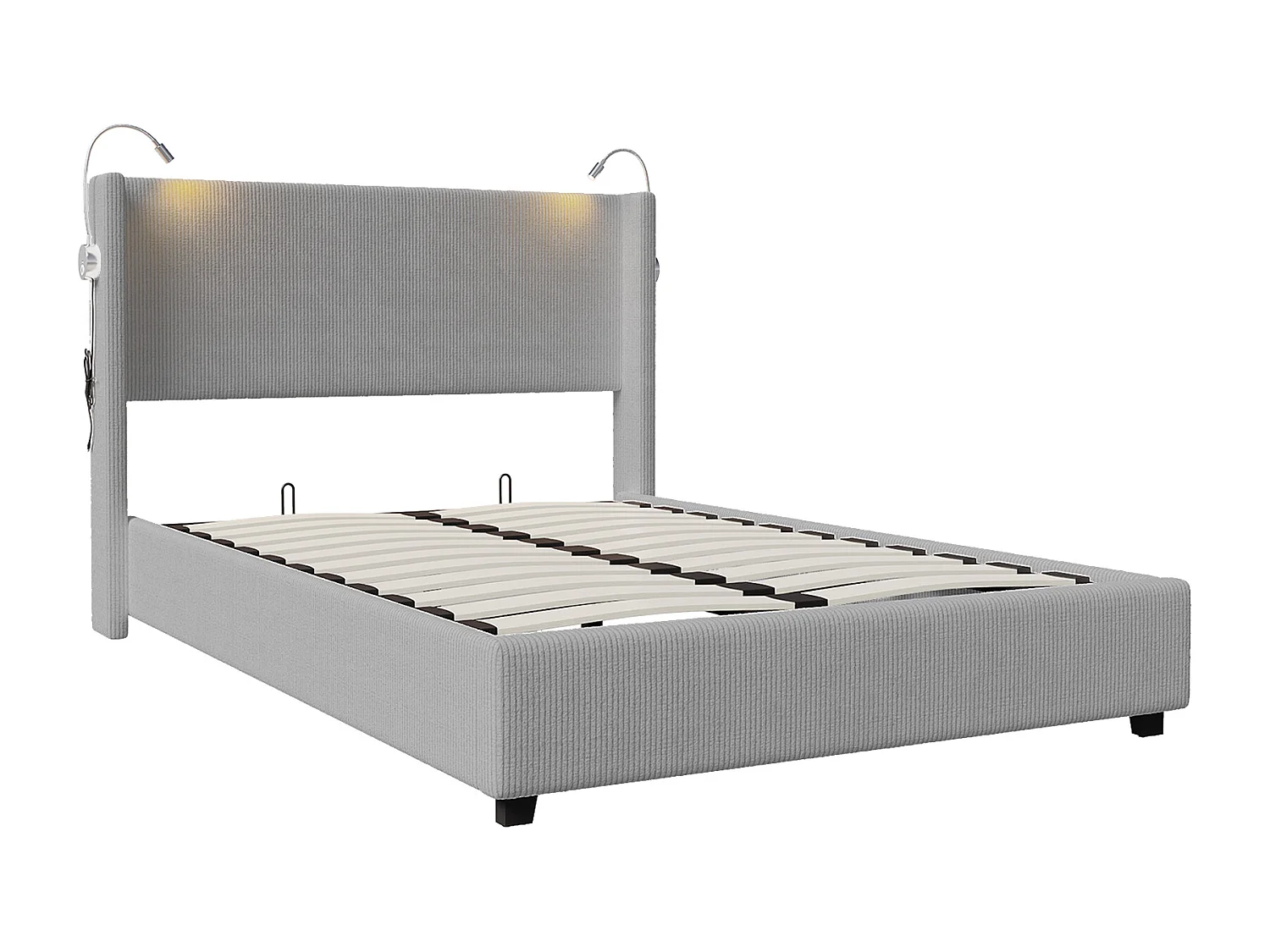 Cama com armazenamento em tecido de veludo 140x200 cm - Com lâmpadas de leitura - Com base de ripas - Cinza
