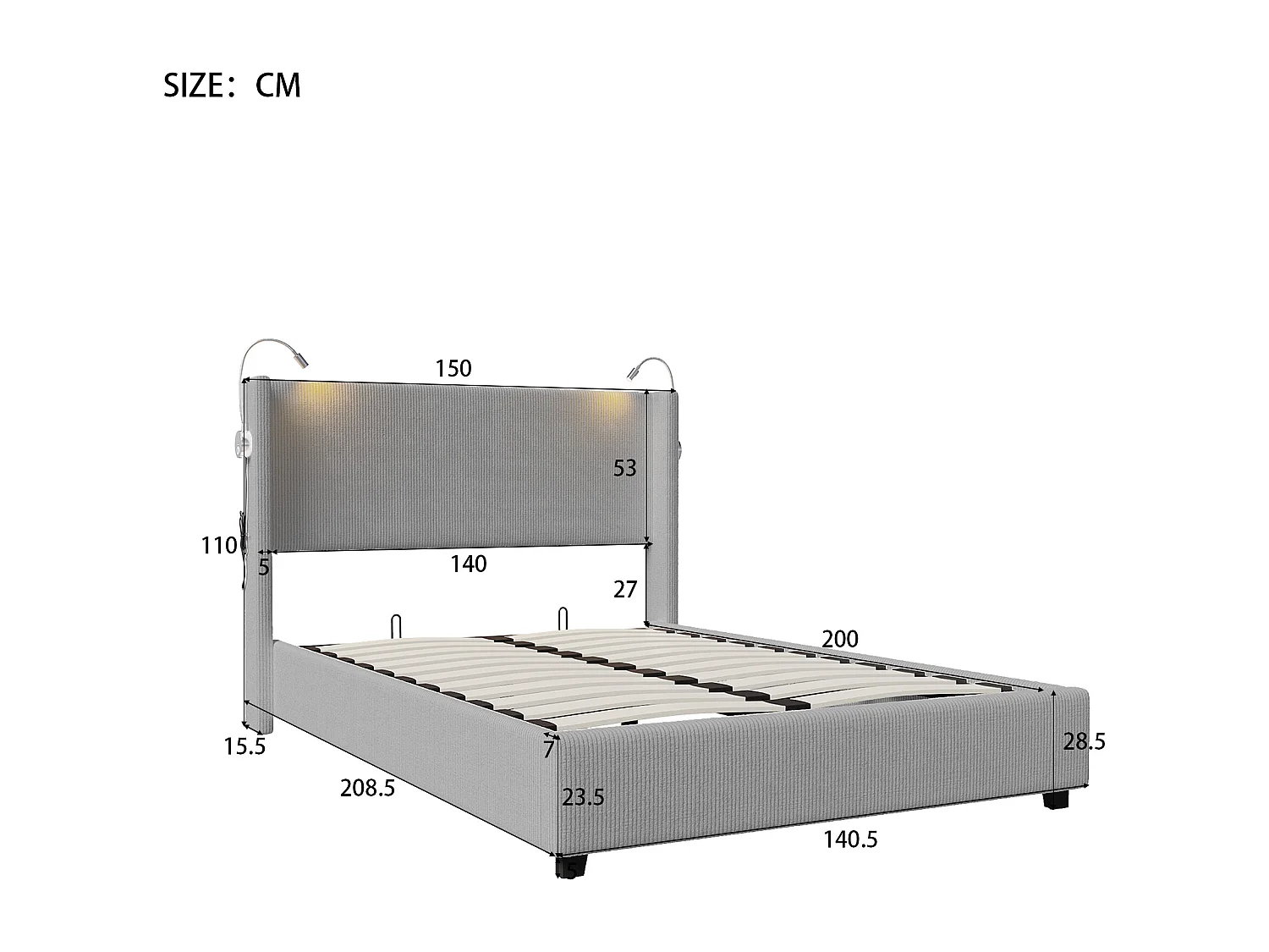 Cama com armazenamento em tecido de veludo 140x200 cm - Com lâmpadas de leitura - Com base de ripas - Cinza