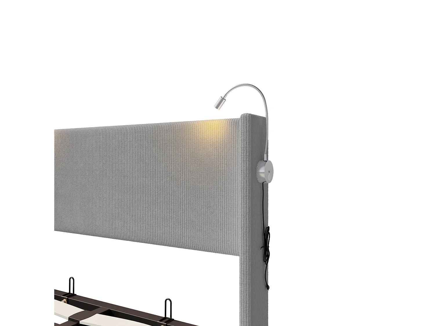 Cama com armazenamento em tecido de veludo 140x200 cm - Com lâmpadas de leitura - Com base de ripas - Cinza