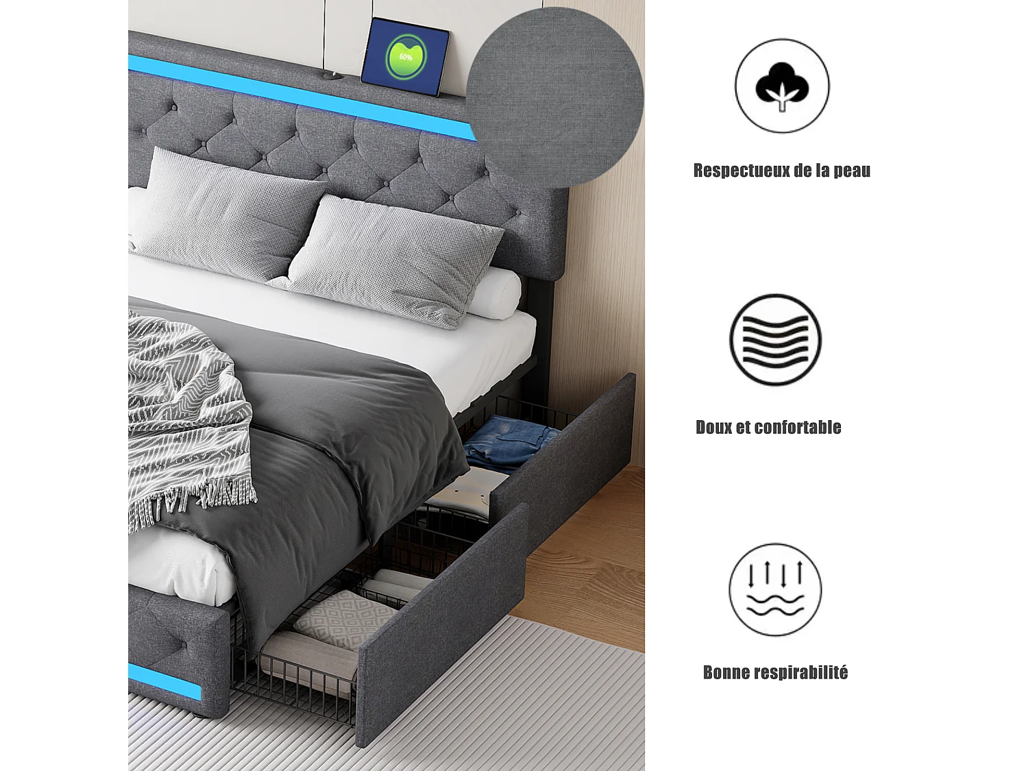 Letto imbottito 160x200 cm, LED, 4 cassetti, USB, contenitore per biancheria, base in legno - Grigio