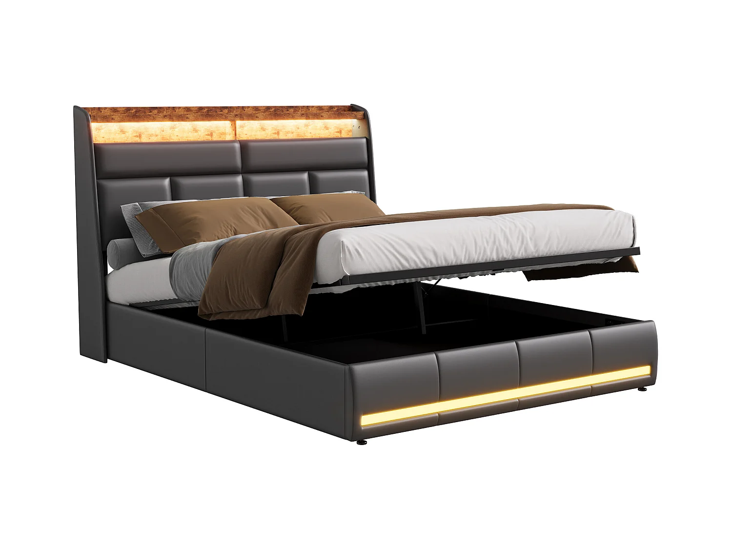 Lit Coffre 140x200 Avec USB Et LED, Lit Capitonné Avec Sommier à Lattes, Lit Double, Noir
