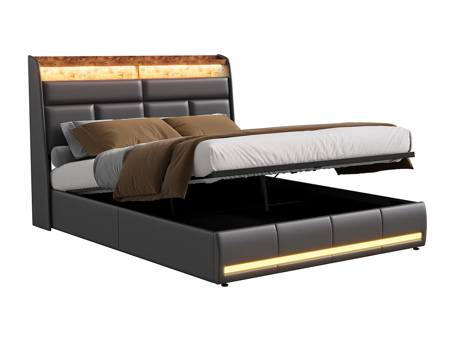 Lit Coffre 140x200 Avec USB Et LED, Lit Capitonné Avec Sommier à Lattes, Lit Double, Noir