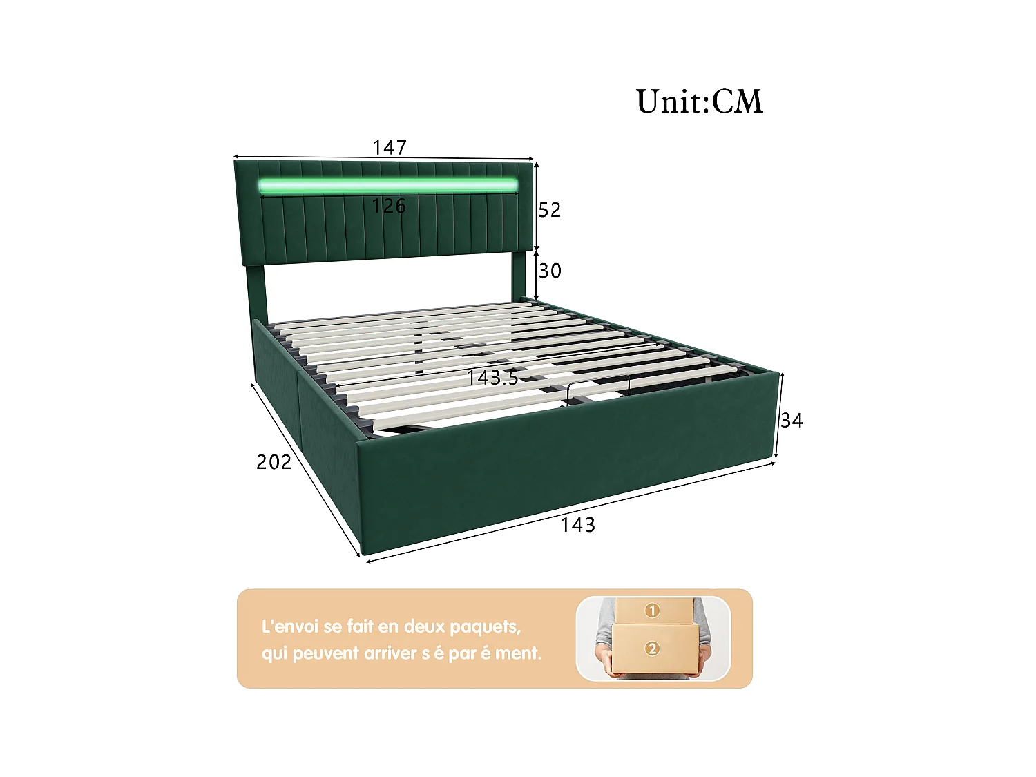 Lit Coffre 140x200 Avec Hydraulique Et LED, Lit Capitonné Avec Sommier à Lattes, Lit Double, Vert
