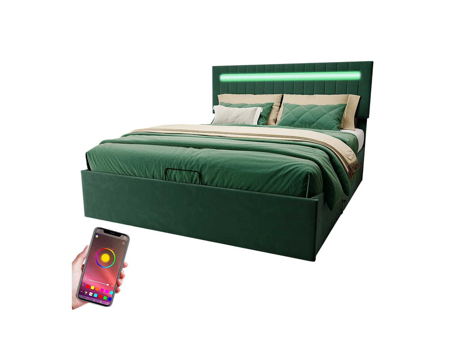 Lit Coffre 140x200 Avec Hydraulique Et LED, Lit Capitonné Avec Sommier à Lattes, Lit Double, Vert