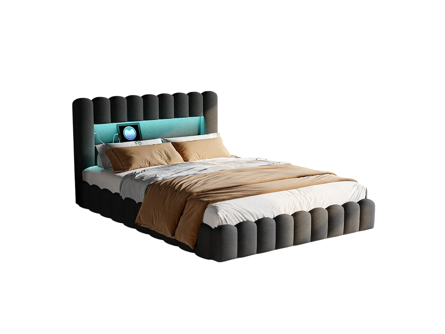 Cama com armazenamento 160x200 com cabeceira de LED, cama estofada com base de ripas, cama de casal, cinza