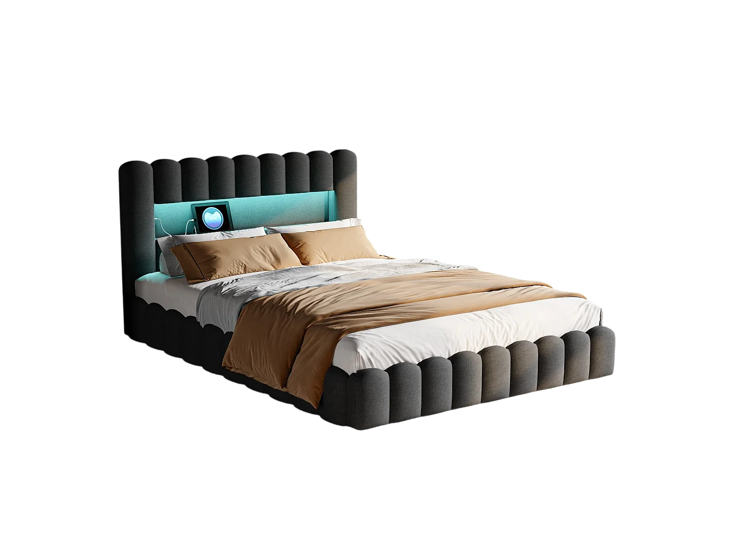 Lit Coffre 160x200 Avec LED Tête De Lit, Lit Capitonné Avec Sommier à Lattes, Lit Double, Gris