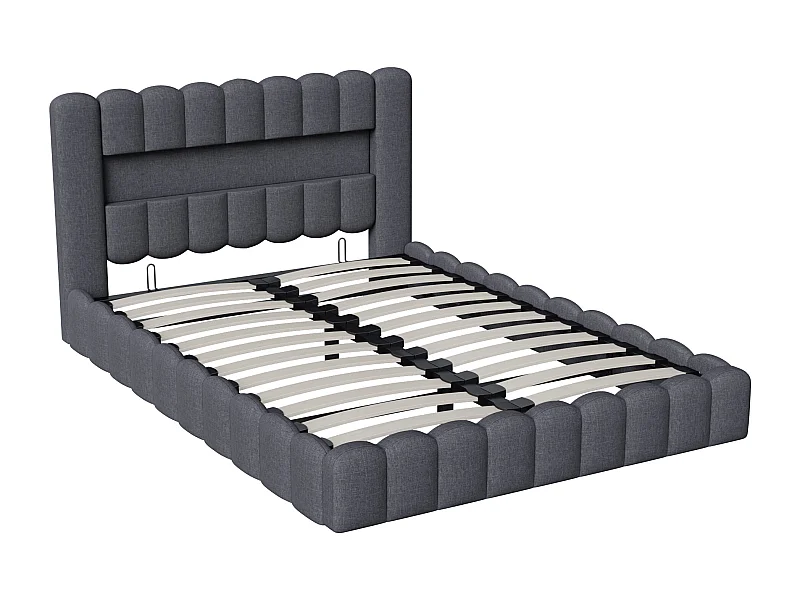 Cama com armazenamento 160x200 com cabeceira de LED, cama estofada com base de ripas, cama de casal, cinza