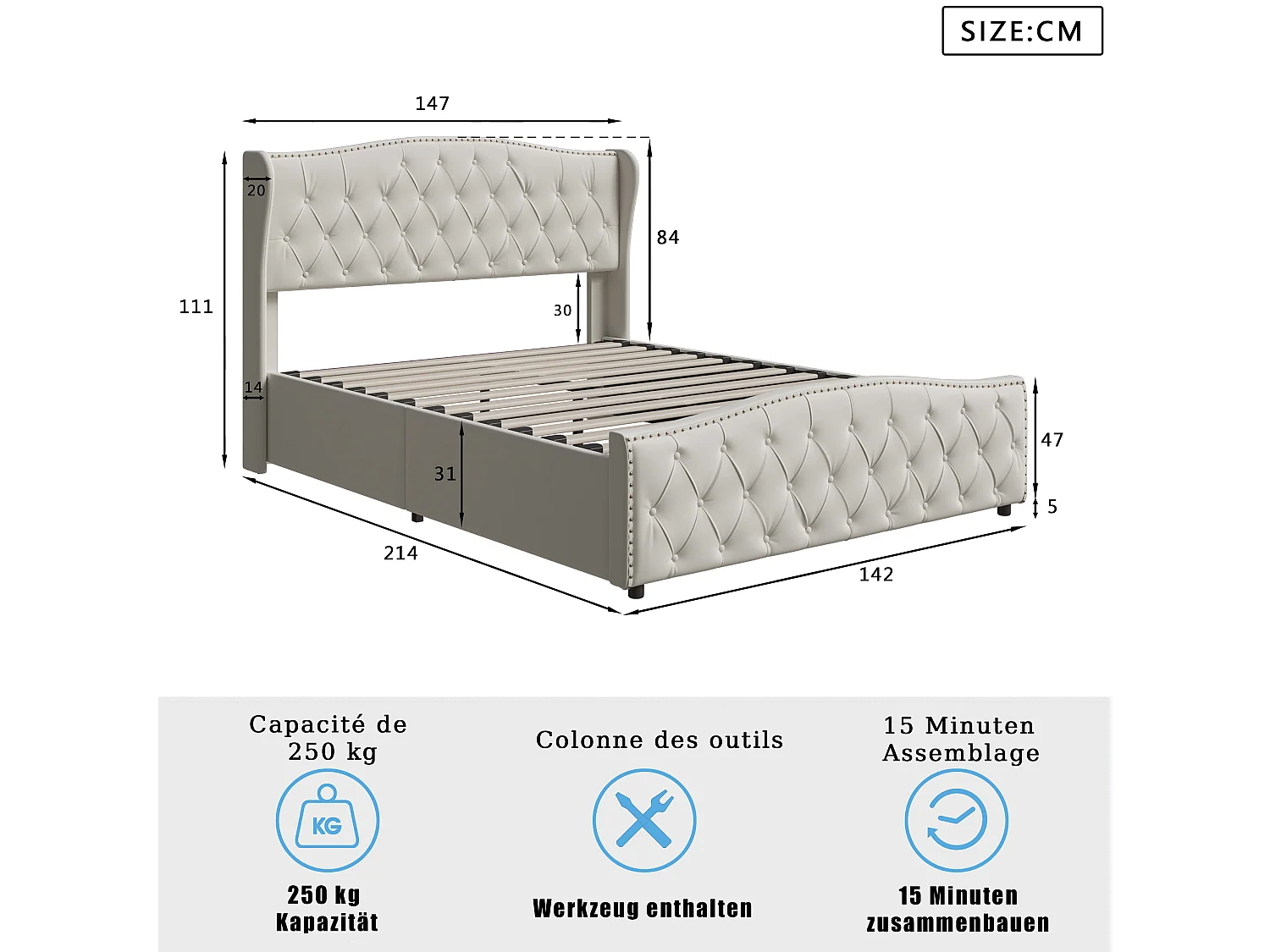 Lit Capitonné, 140 X 200 Cm, Avec Sommier à Lattes Et Rangement, Hydraulique Double, Velours