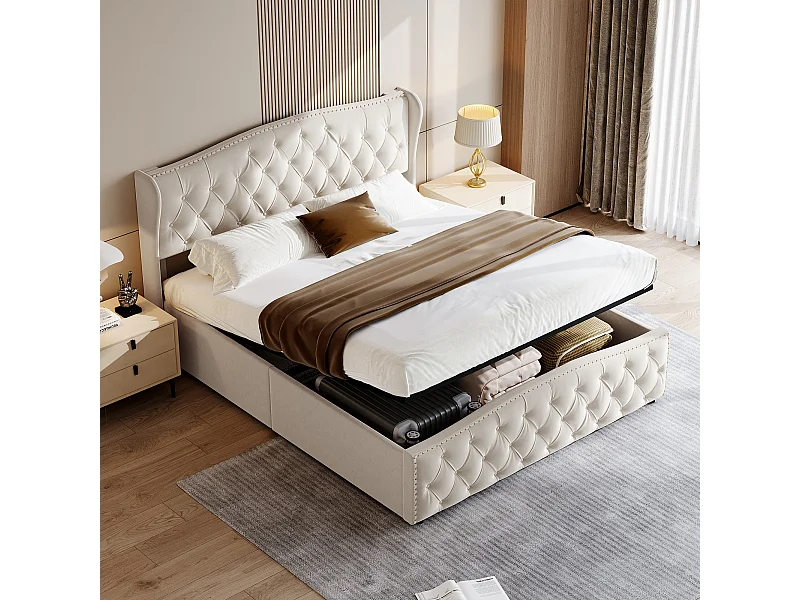 Cama Estofada, 140 X 200 Cm, Com Estrado De Ripas E Armazenamento, Dupla Hidráulica, Veludo